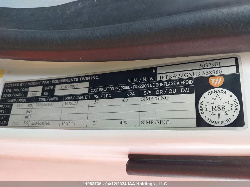 2017 Ford Transit T-350 VIN: 1FTBW2ZGXHKA58880 Lot: 11988736