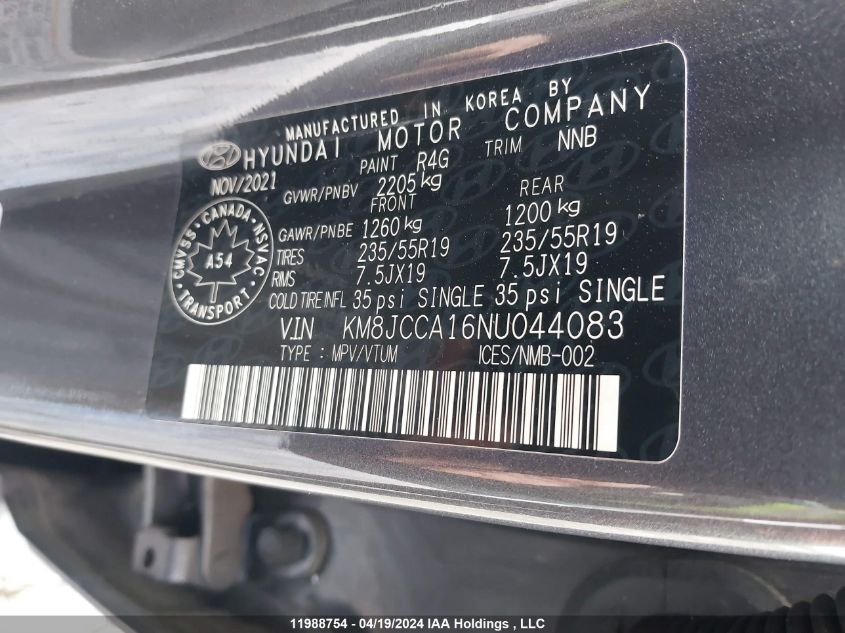 2022 Hyundai Tucson Luxury VIN: KM8JCCA16NU044083 Lot: 11988754