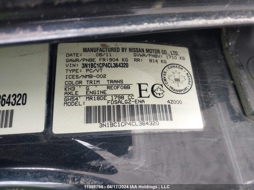 2012 Nissan Versa S/Sl VIN: 3N1BC1CP4CL364320 Lot: 11988794