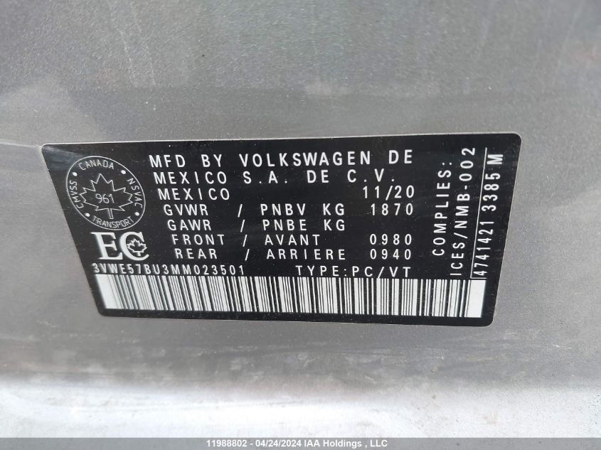 2021 Volkswagen Jetta VIN: 3VWE57BU3MM023501 Lot: 11988802