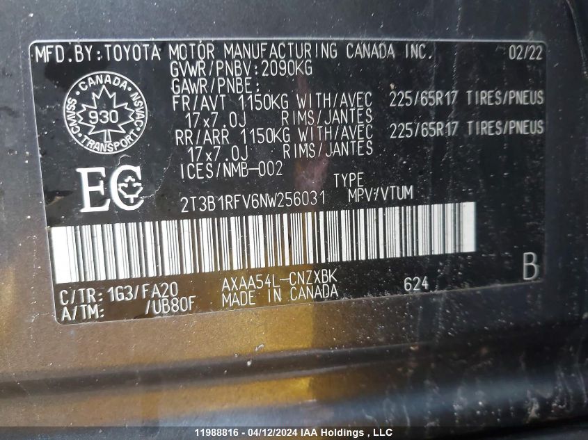 2022 Toyota Rav4 Le VIN: 2T3B1RFV6NW256031 Lot: 11988816