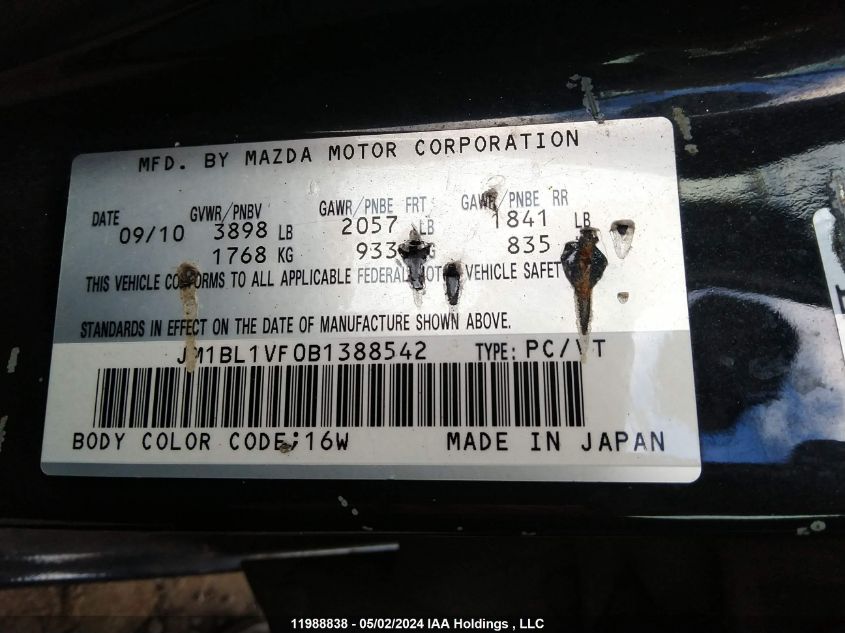 2011 Mazda Mazda3 VIN: JM1BL1VF0B1388542 Lot: 11988838