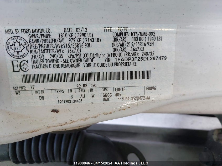 2013 Ford Focus Se VIN: 1FADP3F25DL287479 Lot: 11988846