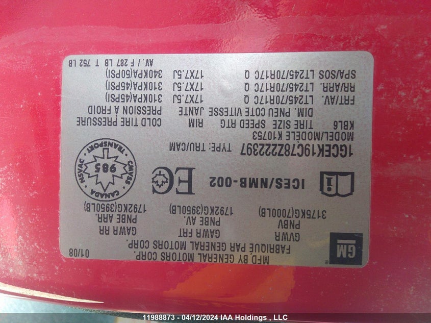 2008 Chevrolet Silverado K1500 VIN: 1GCEK19C78Z222397 Lot: 11988873