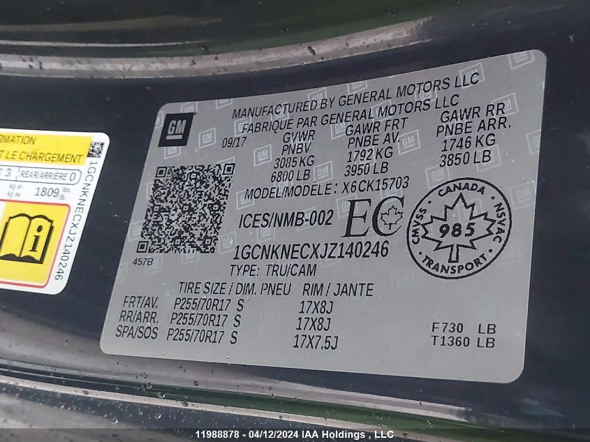 2018 Chevrolet Silverado 1500 VIN: 1GCNKNECXJZ140246 Lot: 11988878