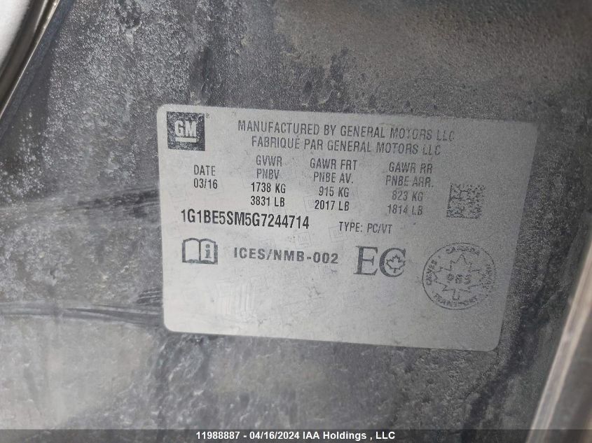 2016 Chevrolet Cruze Lt VIN: 1G1BE5SM5G7244714 Lot: 11988887