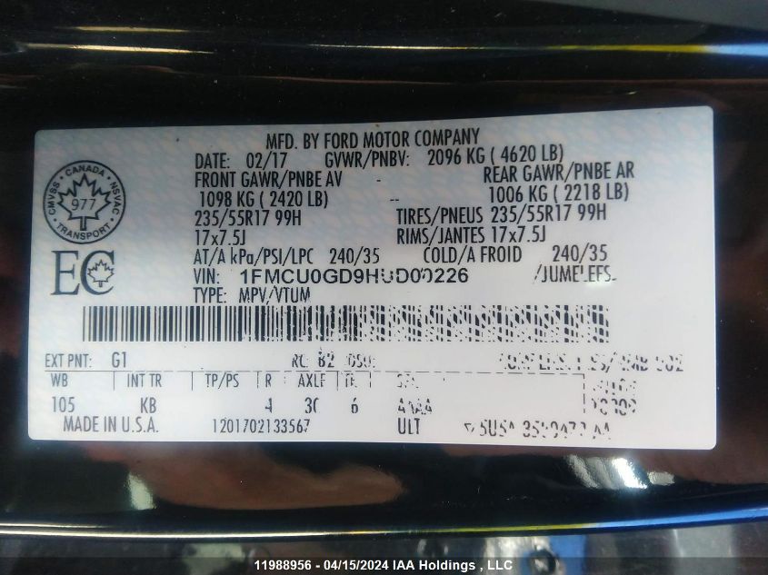 2017 Ford Escape Se VIN: 1FMCU0GD9HUD00226 Lot: 11988956