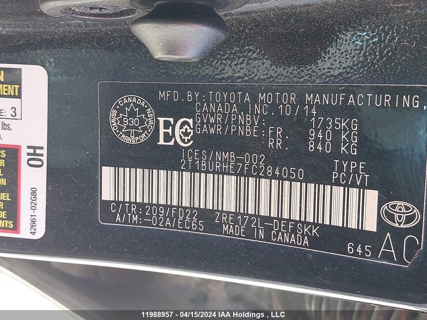 2015 Toyota Corolla L/Le/Le Pls/Prm/S/S Pls VIN: 2T1BURHE7FC284050 Lot: 11988957