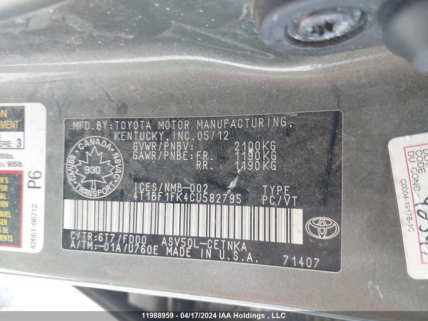 2012 Toyota Camry Se/Le/Xle VIN: 4T1BF1FK4CU582795 Lot: 11988959