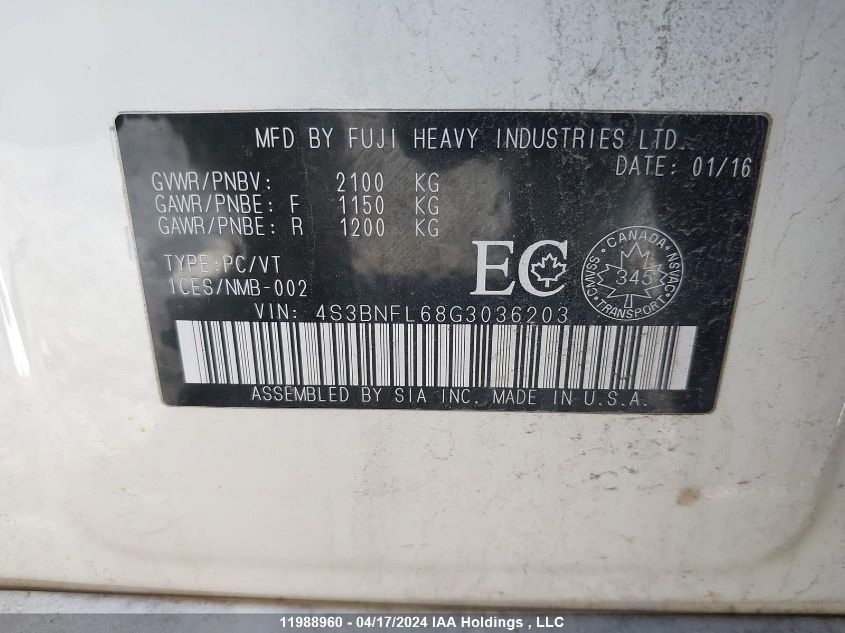 2016 Subaru Legacy VIN: 4S3BNFL68G3036203 Lot: 11988960