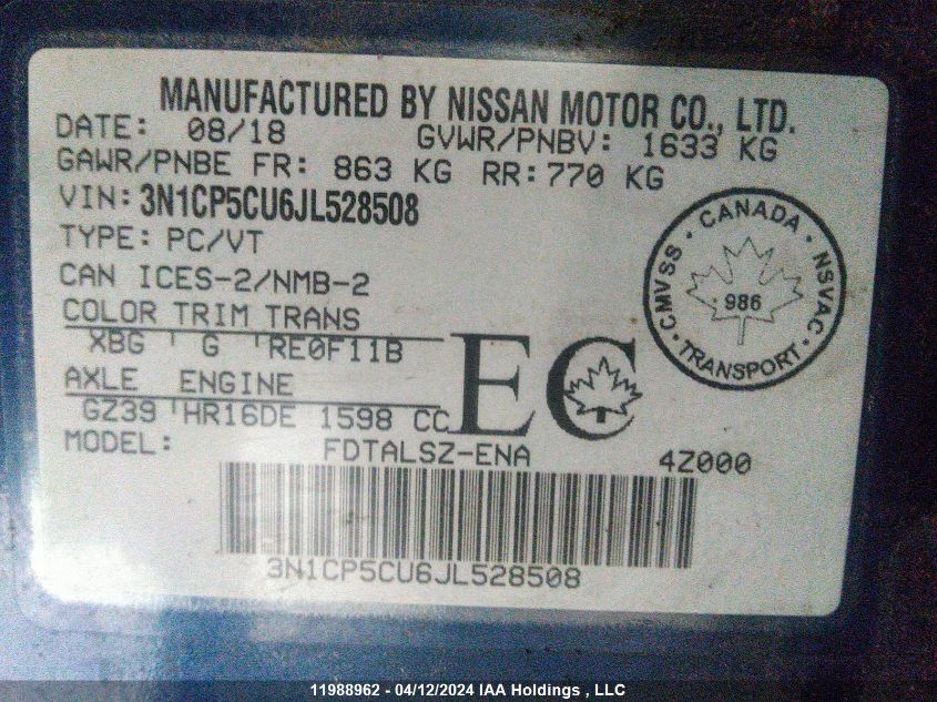 2018 Nissan Kicks S/Sr/Sv VIN: 3N1CP5CU6JL528508 Lot: 11988962