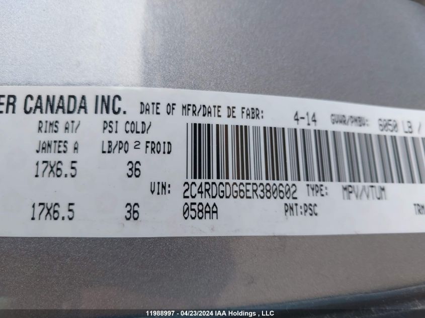 2014 Dodge Grand Caravan Crew VIN: 2C4RDGDG6ER380602 Lot: 11988997