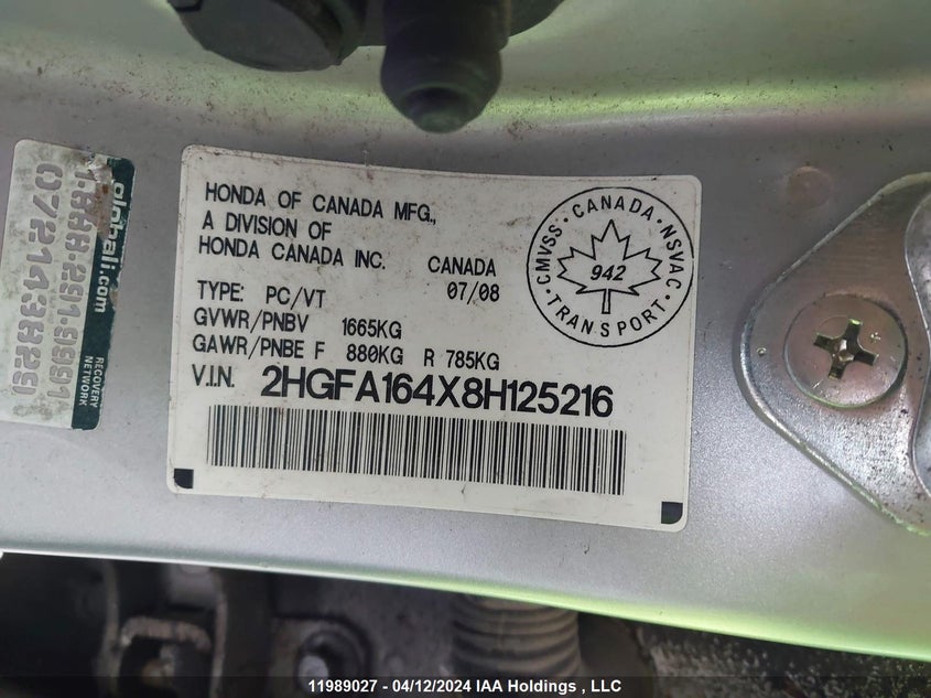 2008 Honda Civic Sdn VIN: 2HGFA164X8H125216 Lot: 11989027