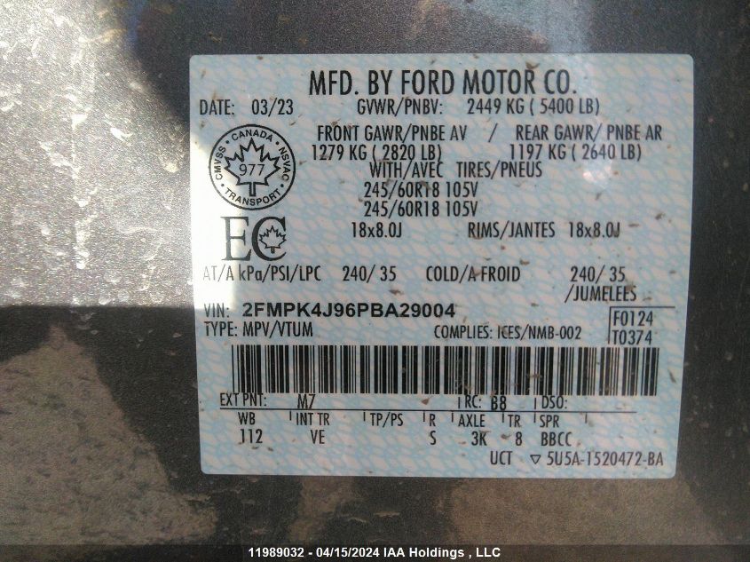 2023 Ford Edge Sel VIN: 2FMPK4J96PBA29004 Lot: 11989032