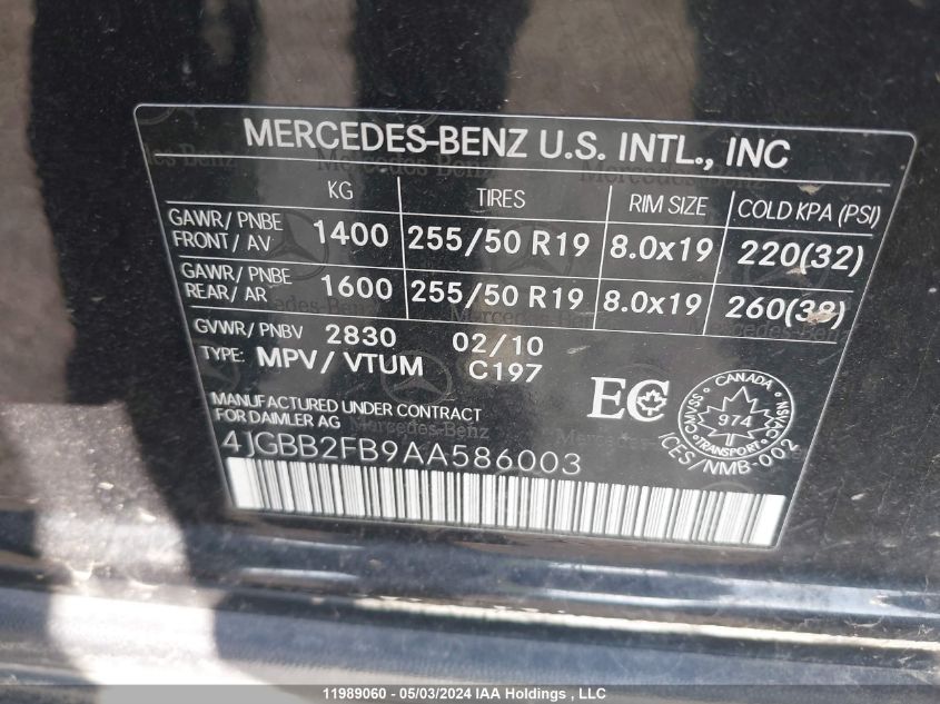 2010 Mercedes-Benz M-Class VIN: 4JGBB2FB9AA586003 Lot: 11989060