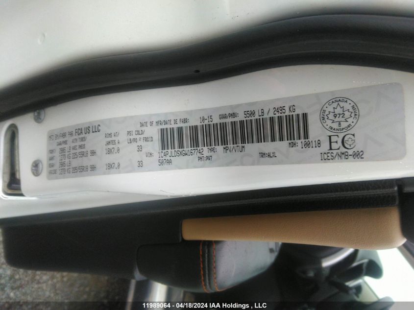 2016 Jeep Cherokee Limited VIN: 1C4PJLDSXGW167742 Lot: 11989064