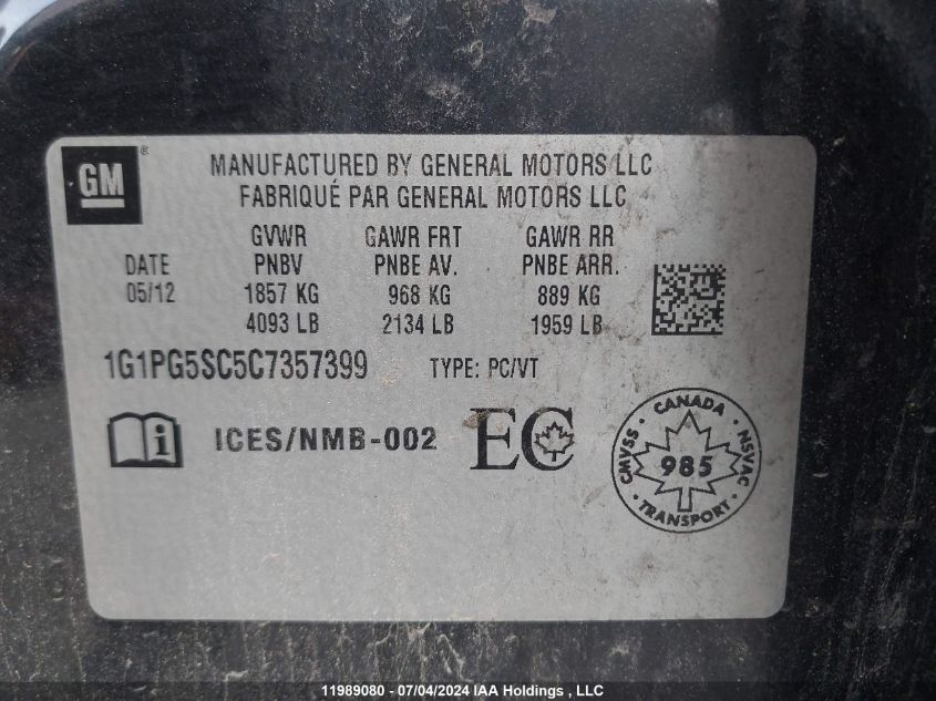 2012 Chevrolet Cruze VIN: 1G1PG5SC5C7357399 Lot: 11989080