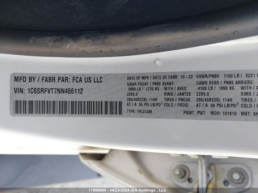 2022 Ram 1500 Sport VIN: 1C6SRFVT7NN466112 Lot: 11989085