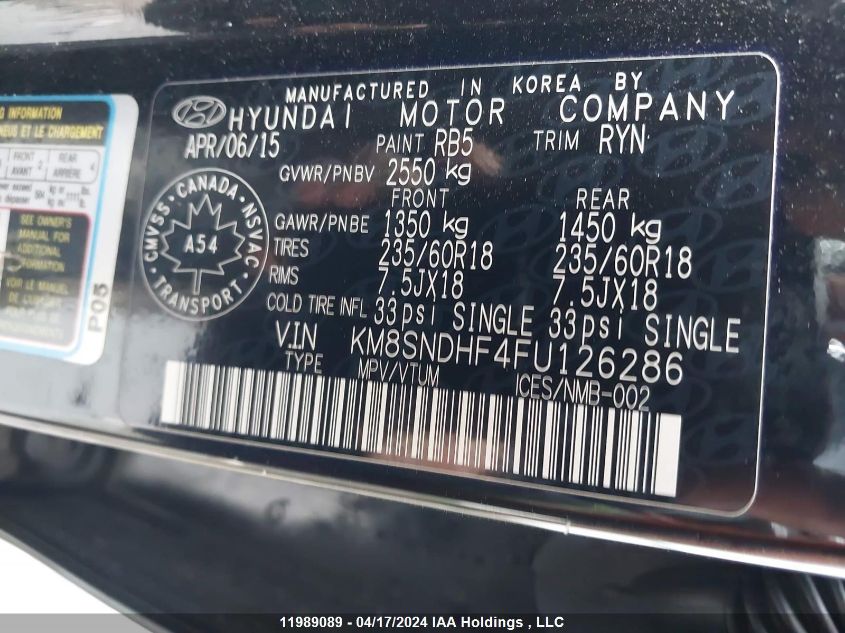 2015 Hyundai Santa Fe Gls/Limited VIN: KM8SNDHF4FU126286 Lot: 11989089