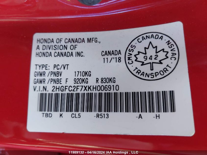 2019 Honda Civic Ex VIN: 2HGFC2F7XKH006910 Lot: 11989132