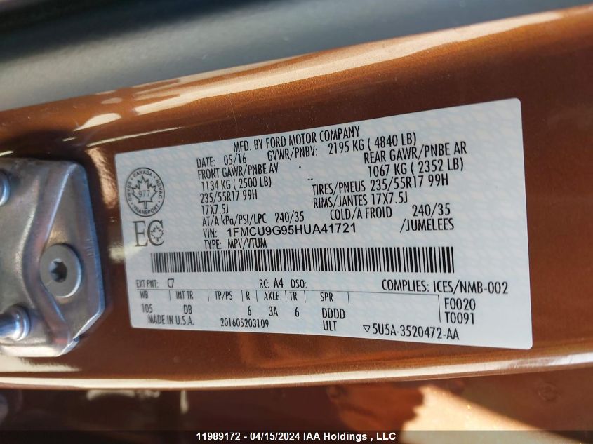 2017 Ford Escape Se VIN: 1FMCU9G95HUA41721 Lot: 11989172