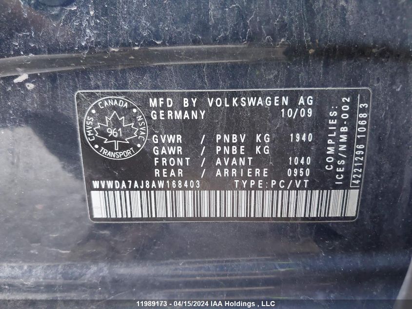 2010 Volkswagen Golf VIN: WVWDA7AJ8AW168403 Lot: 11989173