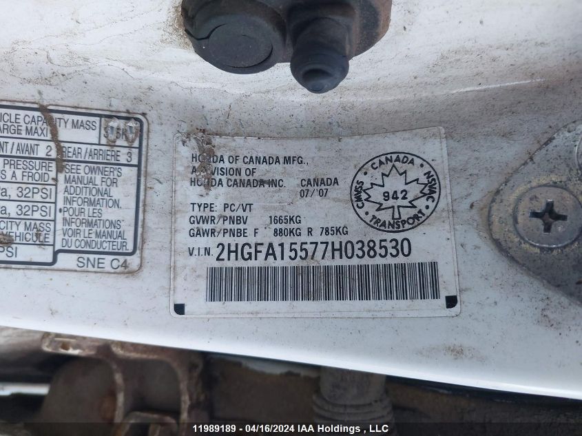 2007 Honda Civic Sdn VIN: 2HGFA15577H038530 Lot: 11989189