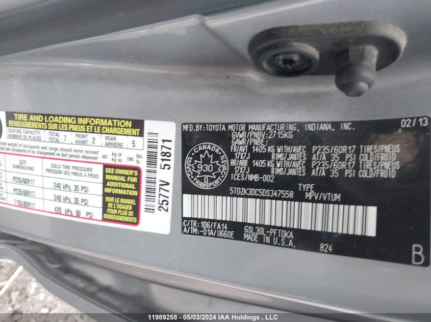 2013 Toyota Sienna V6 7 Passenger VIN: 5TDZK3DC5DS347558 Lot: 11989258