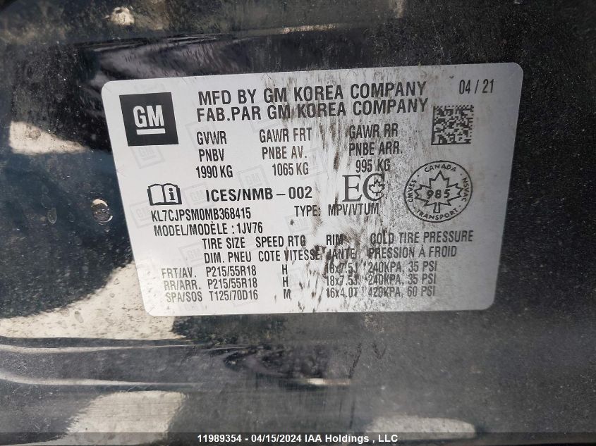 2021 Chevrolet Trax VIN: KL7CJPSM0MB368415 Lot: 11989354