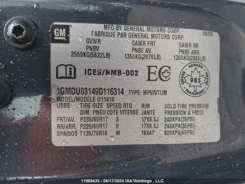 2009 Pontiac Montana Sv6 VIN: 1GMDU03149D116314 Lot: 11989435