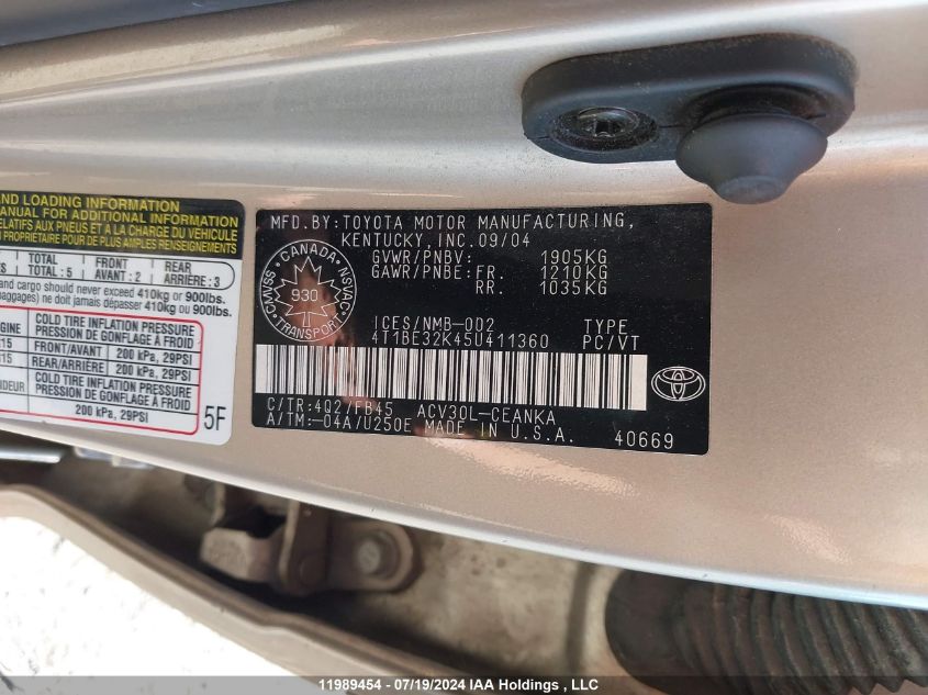 2005 Toyota Camry VIN: 4T1BE32K45U411360 Lot: 11989454