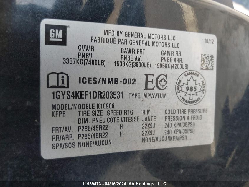 2013 Cadillac Escalade Esv VIN: 1GYS4KEF1DR203531 Lot: 11989473