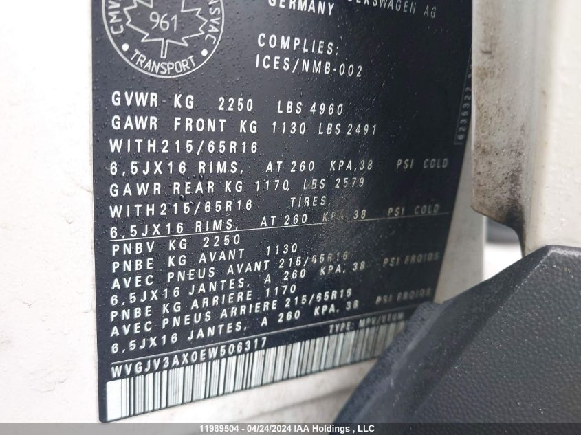 2014 Volkswagen Tiguan VIN: WVGJV3AX0EW506317 Lot: 11989504