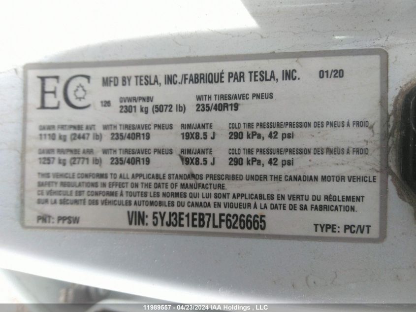 2020 Tesla Model 3 VIN: 5YJ3E1EB7LF626665 Lot: 11989557