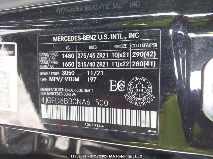 2022 Mercedes-Benz Gle VIN: 4JGFD6BB0NA615001 Lot: 11989594