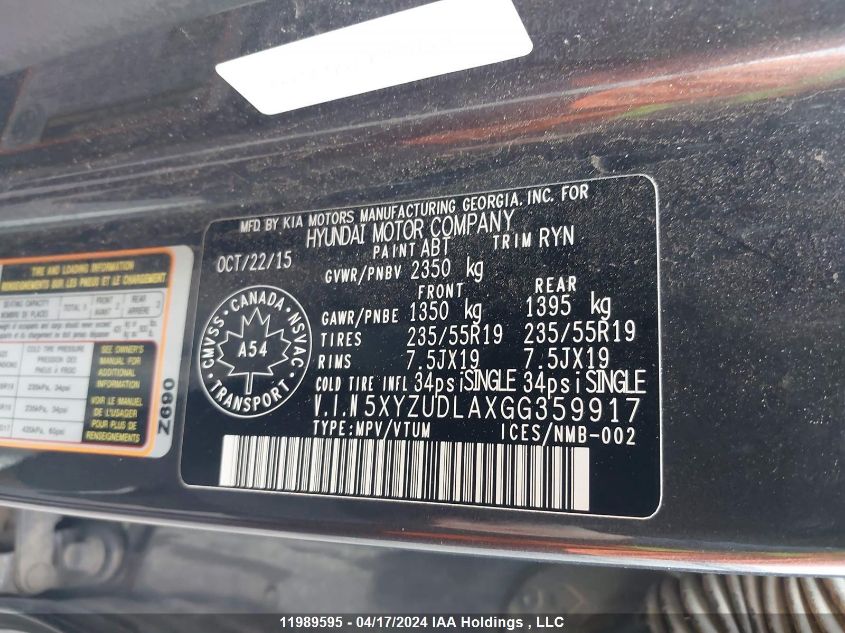 2016 Hyundai Santa Fe Sport VIN: 5XYZUDLAXGG359917 Lot: 11989595