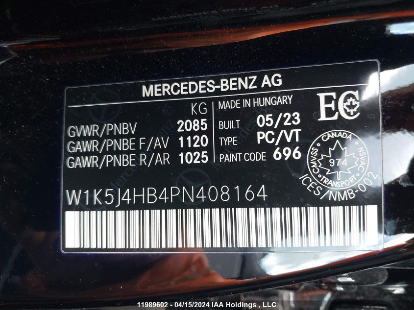 2023 Mercedes-Benz Cla VIN: W1K5J4HB4PN408164 Lot: 11989602