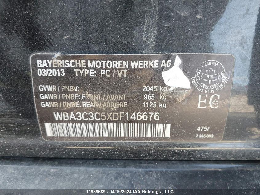 2013 BMW 3 Series VIN: WBA3C3C5XDF146676 Lot: 11989689