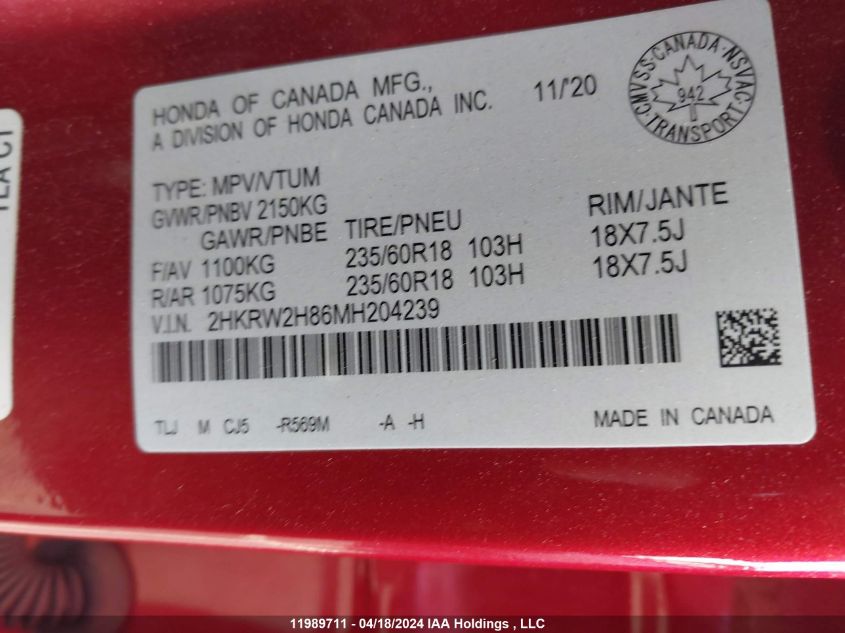 2021 Honda Cr-V VIN: 2HKRW2H86MH204239 Lot: 11989711