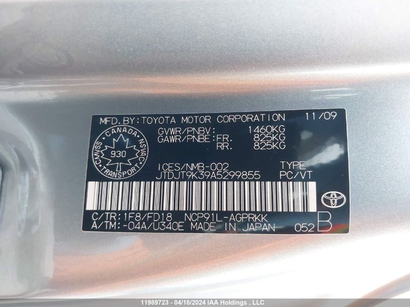 2010 Toyota Yaris VIN: JTDJT9K39A5299855 Lot: 11989723