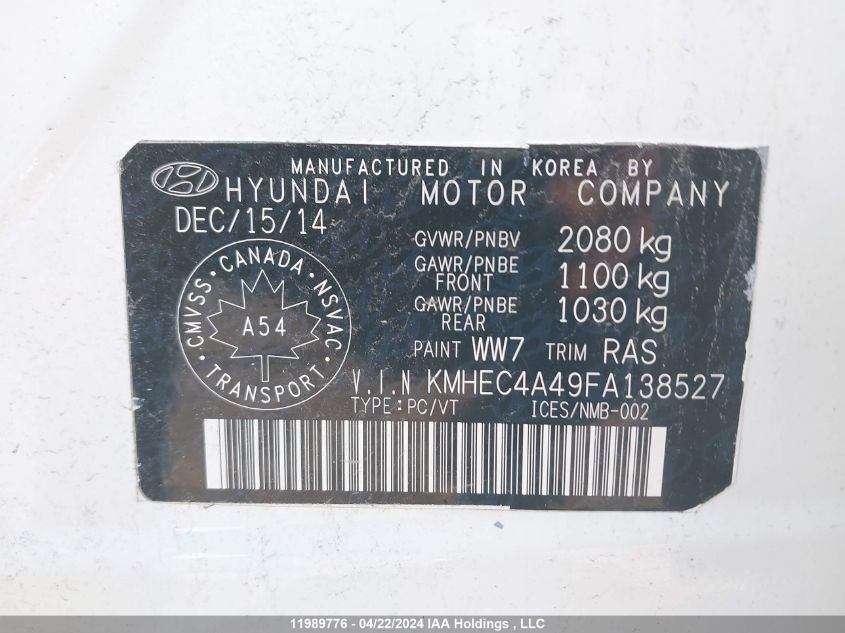 2015 Hyundai Sonata Hybrid/Limited VIN: KMHEC4A49FA138527 Lot: 39240811