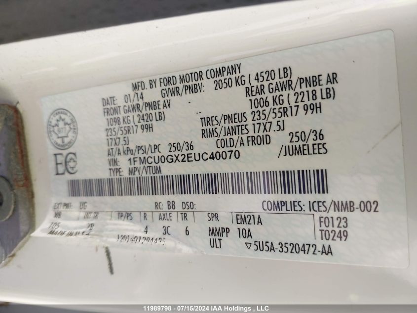 2014 Ford Escape Se VIN: 1FMCU0GX2EUC40070 Lot: 11989798