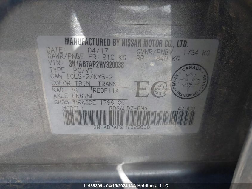 2017 Nissan Sentra VIN: 3N1AB7AP2HY320038 Lot: 11989809