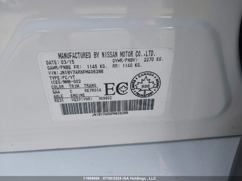 2015 Infiniti Q50 VIN: JN1BV7ARXFM406288 Lot: 11989869