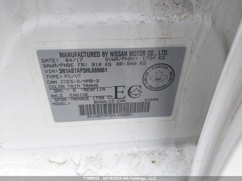 2017 Nissan Sentra VIN: 3N1AB7AP3HL689861 Lot: 11989925