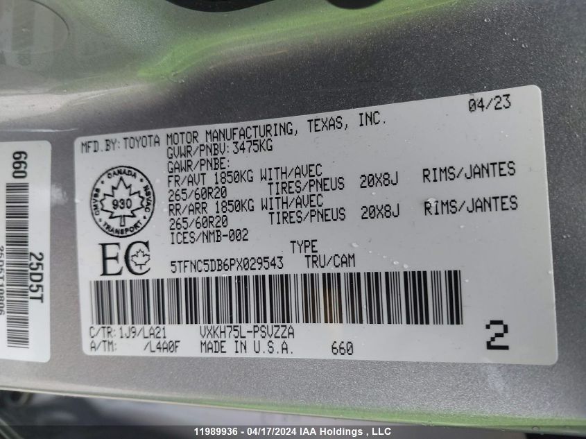 2023 Toyota Tundra Crewmax Platinum/Crewmax 1794 VIN: 5TFNC5DB6PX029543 Lot: 11989936