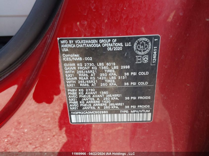 2021 Volkswagen Atlas VIN: 1V2FR2CA0MC502980 Lot: 11989966