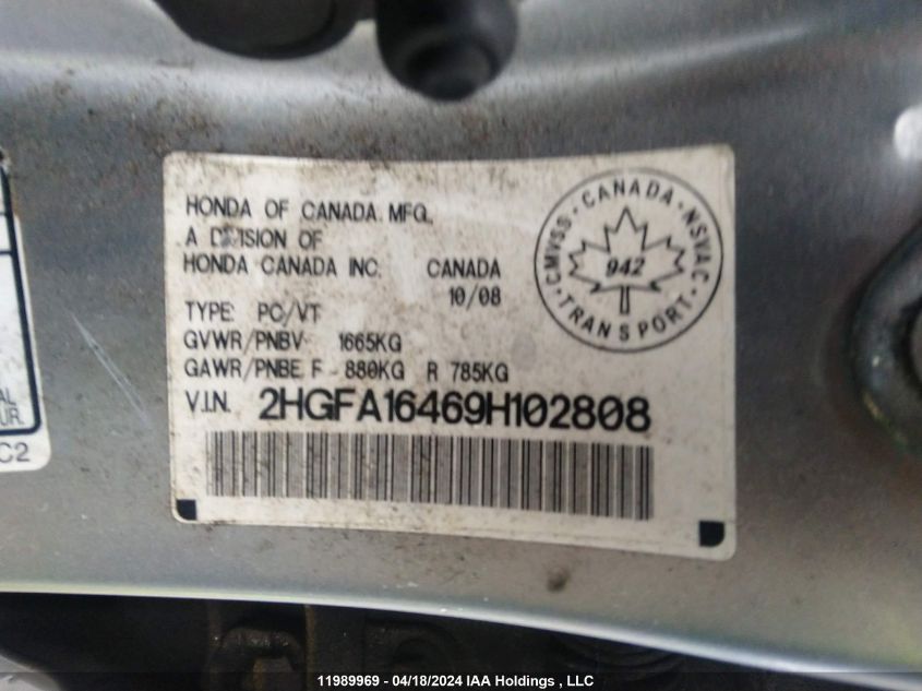 2009 Honda Civic VIN: 2HGFA16469H102808 Lot: 11989969