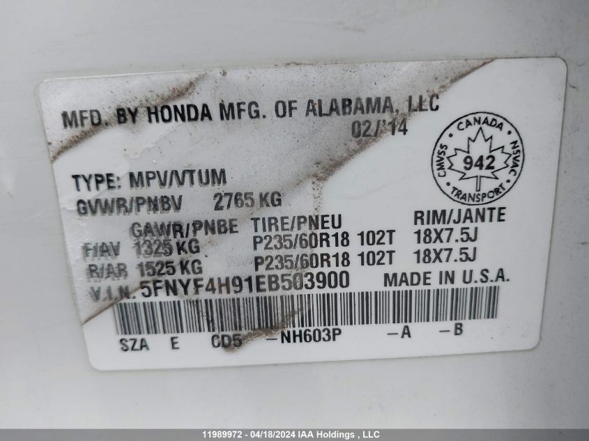 2014 Honda Pilot Touring VIN: 5FNYF4H91EB503900 Lot: 11989972