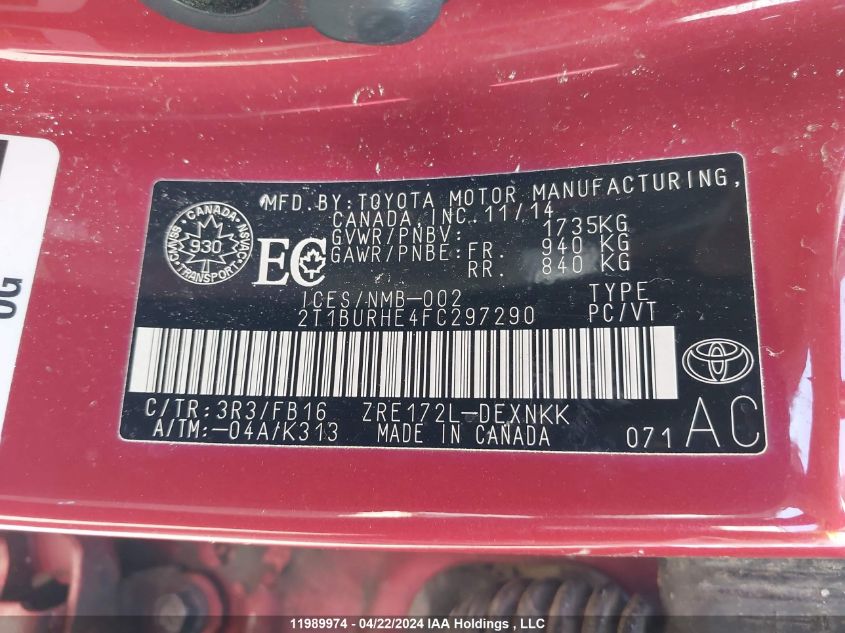 2015 Toyota Corolla L/Le/Le Pls/Prm/S/S Pls VIN: 2T1BURHE4FC297290 Lot: 11989974
